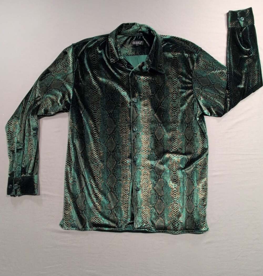 Pronti Vintage 90s Y2K Club Snake Print Velvet Long Sleeve Shirt Sz XL Green